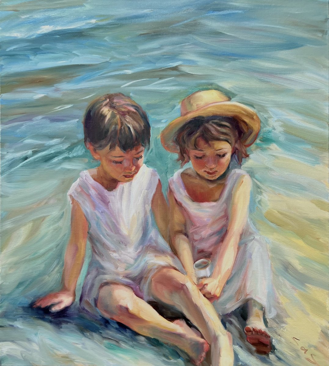 Impressionistic Portrait Oil Painting By Liubou Sas, 31 X 35", Children On The Beach, Original Artwork