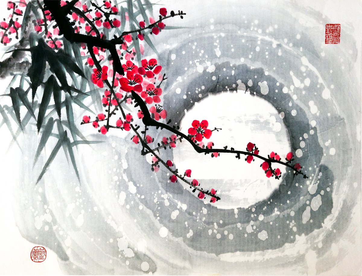 Red plum, bamboo and moon - Oriental Chinese Ink Painting by Ilana Shechter