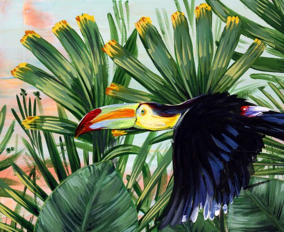 In the jungle. Toucan. Green plants...