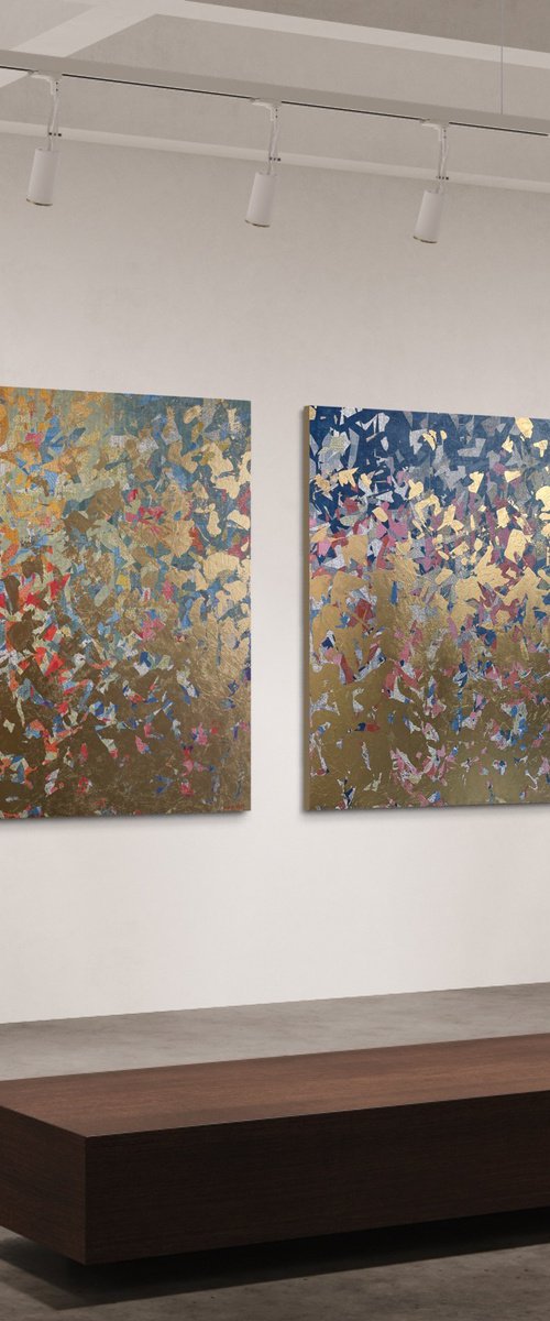 The Optimistic Duo - 127cm squ (x2)- mixed media on canvas by George Hall