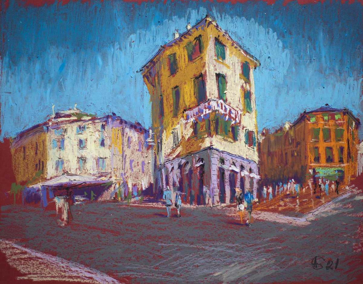 Verona Street. Sunny urban landscape. Italy small oil pastel impressionistic interior pain... by Sasha Romm