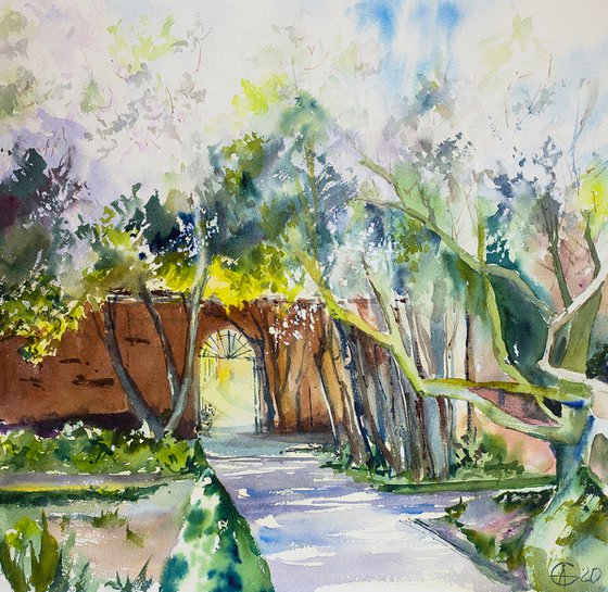 Secret garden in Salamanca. Almond in bloom. Big format watercolor urban landscape door interior decor romantic