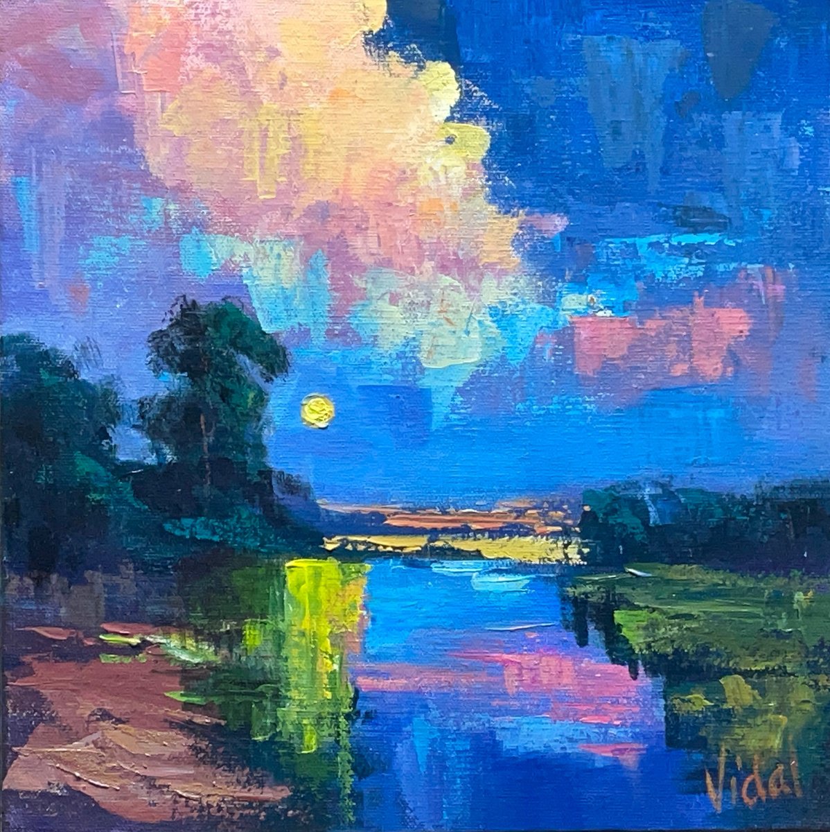 Impressionistic Landscape Acrylic Painting By Christopher Vidal, 13 X 13, Moonlit Tranquility, Original Artwork