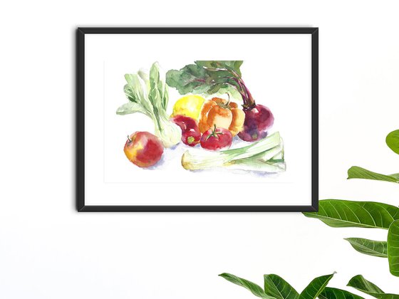 Vegetables fruit watercolor, lemon, beetroot, tomato, leek
