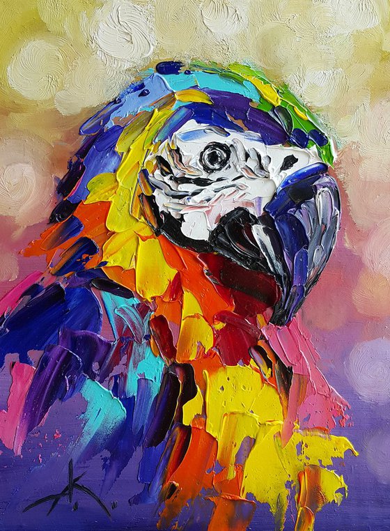 Bird in the lights - parrot, bird, painting on canvas, gift, art bird, animals oil painting