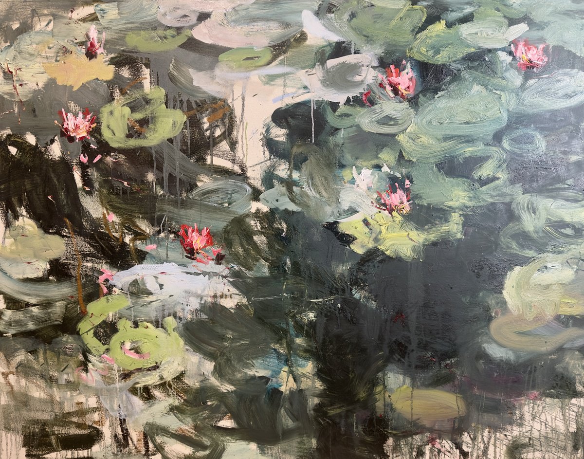 Expressive Abstract Oil Painting By Lilia Orlova-Holmes, 59 X 47", Water Lilies. The Old Pond., Original Artwork