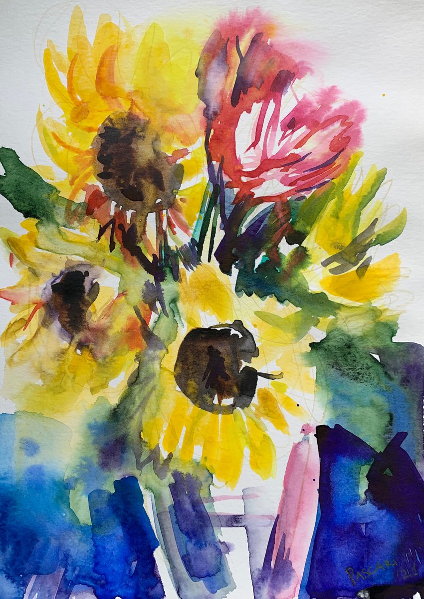 Impressionistic Still Life Watercolour By Olga Pascari, 8 X 11", Sun Flowers Field, Original Artwork