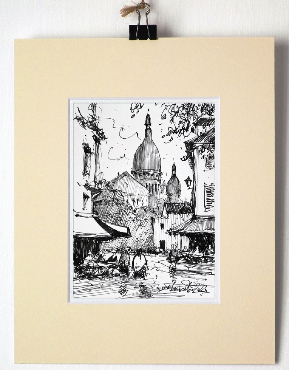 Paris, Montmartre, Original drawing sketch, 2022, in k on paper by Marin Victor