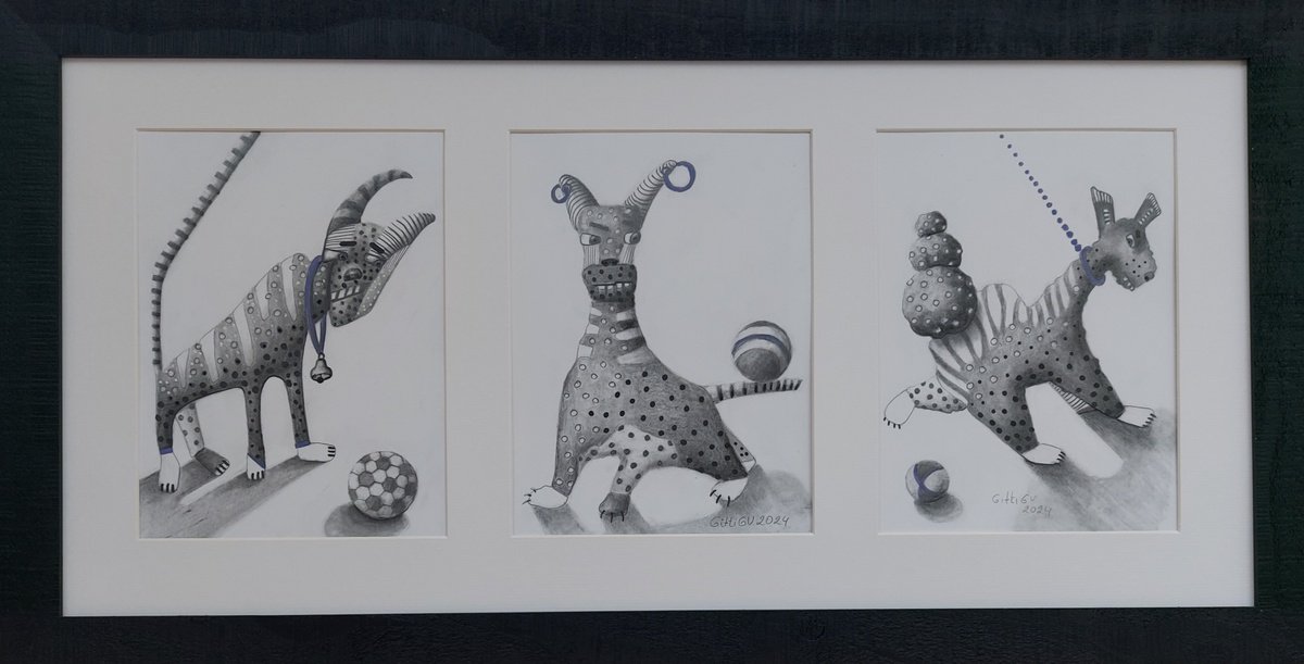 Illustrative Animal Pencil Drawing By Gitti Gv, 25 X 13, Ball Is On The Way, Original Artwork