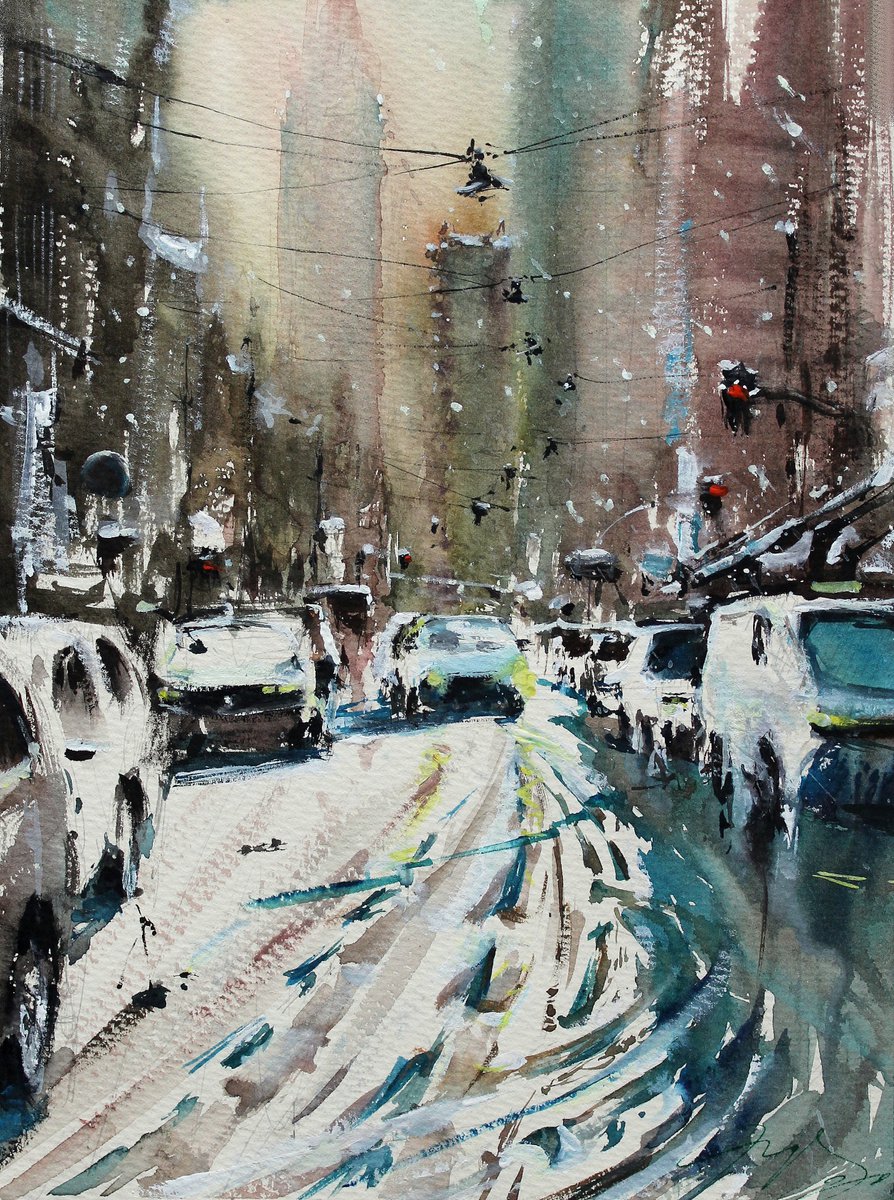 Impressionistic Cityscapes Watercolour By Maximo Damico, 9 X 13", The Great Snowfall, Original Artwork