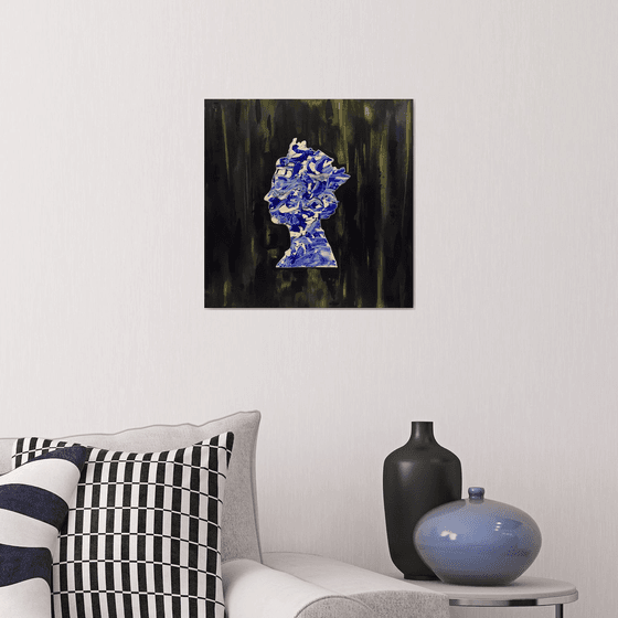 Queen # 81 on deep blue , white and ultramarine Marble Pattern  PAINTING INSPIRED BY QUEEN ELIZABETH PORTRAIT