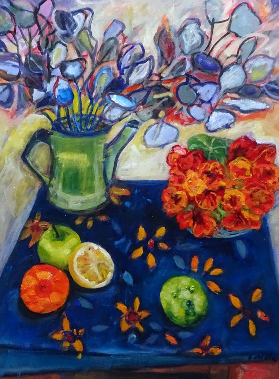 STILL LIFE WITH NASTURTIUMS AND FRUIT