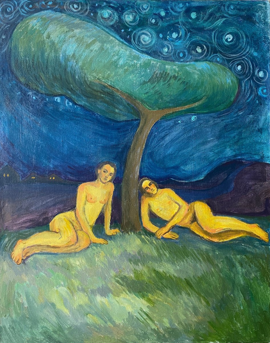 Surrealistic Portrait Acrylic Painting By Liubov Ro, 31 X 39", Lovers Under The Starry Sky, Original Artwork