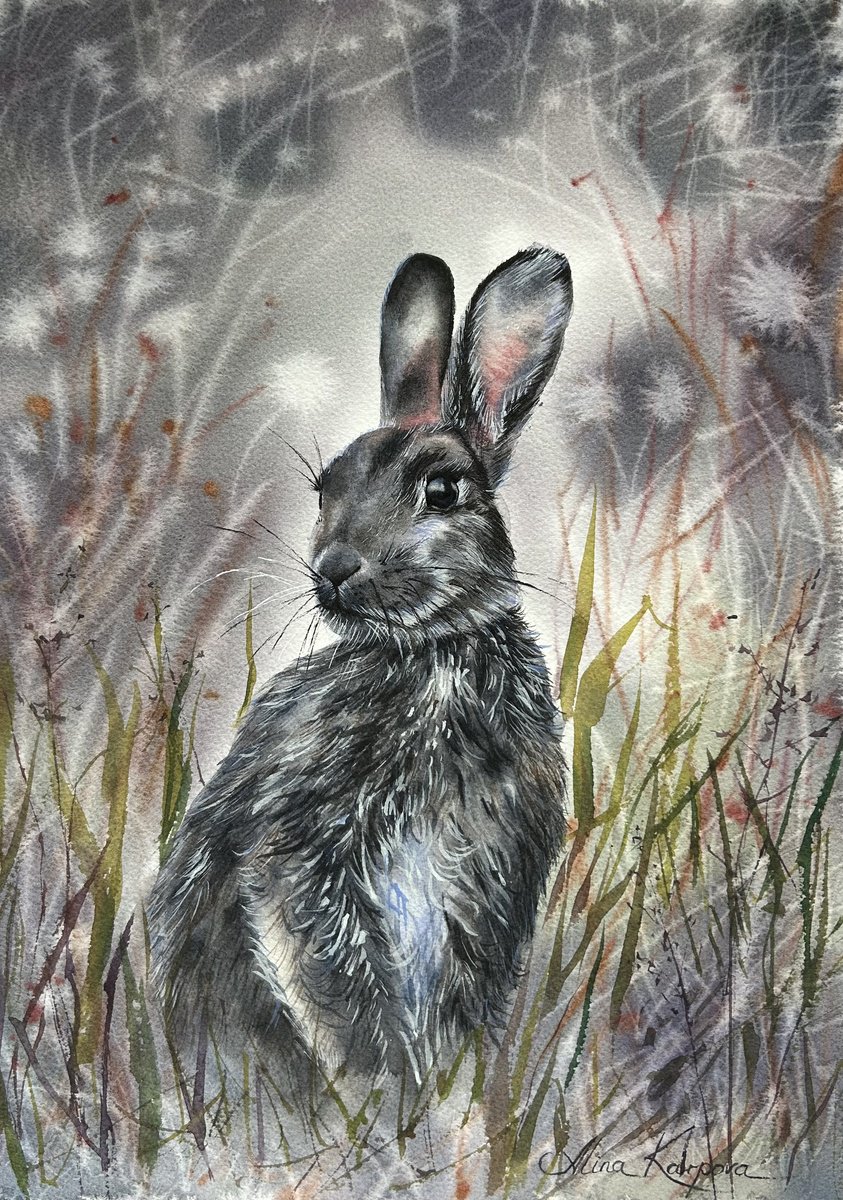 Impressionistic Animal Watercolour By Alina Karpova, 10 X 14, Grey Rabbit, Original Artwork