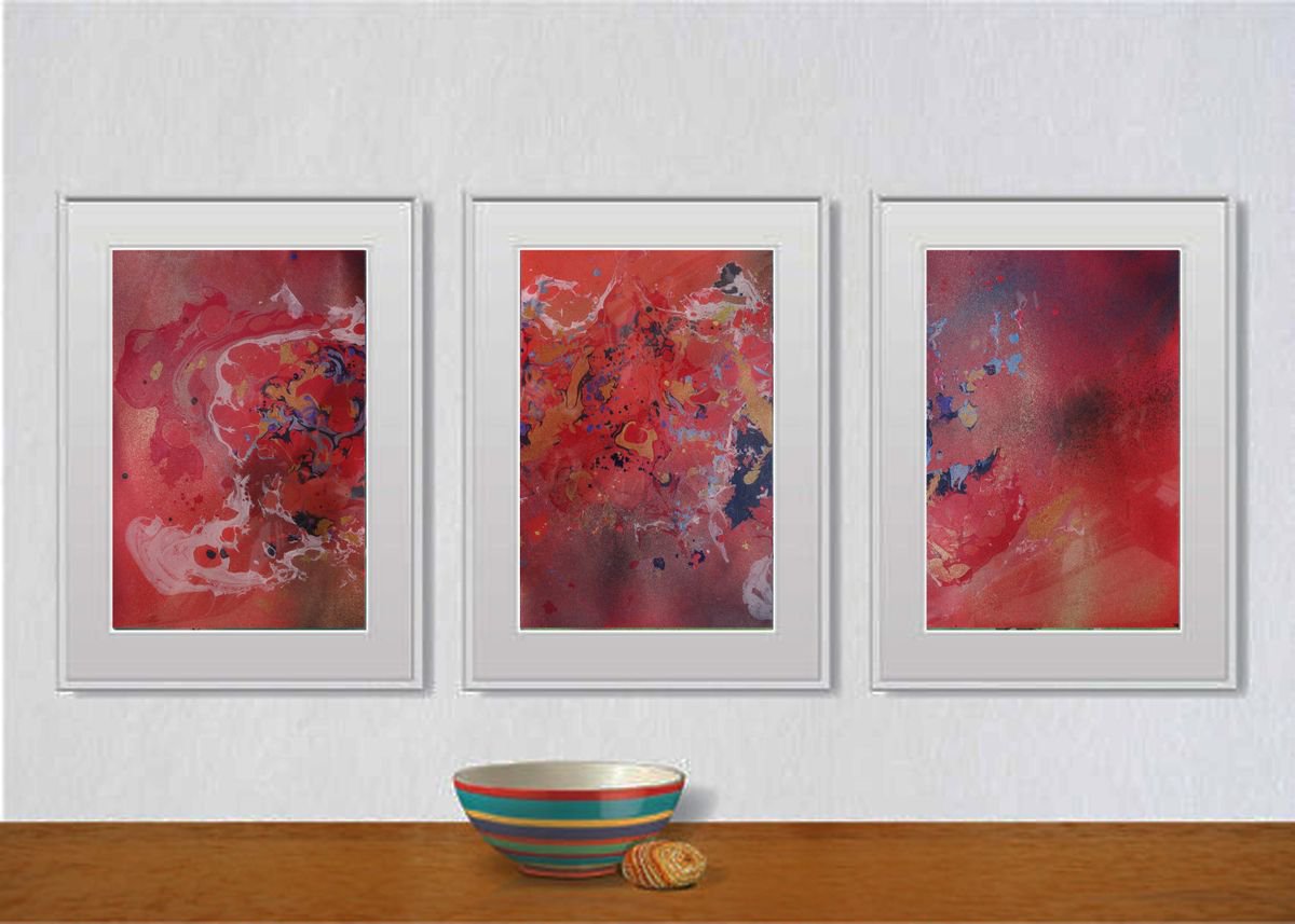 Set of 3 Fluid abstract original paintings on carton - 18J056 by Kuebler