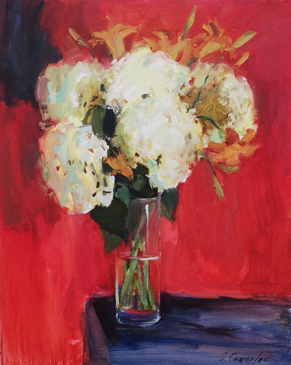 Hydrangea on a red background by Olga Samar