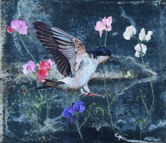 Amongst the Sweet Peas - Birds on Slate Series