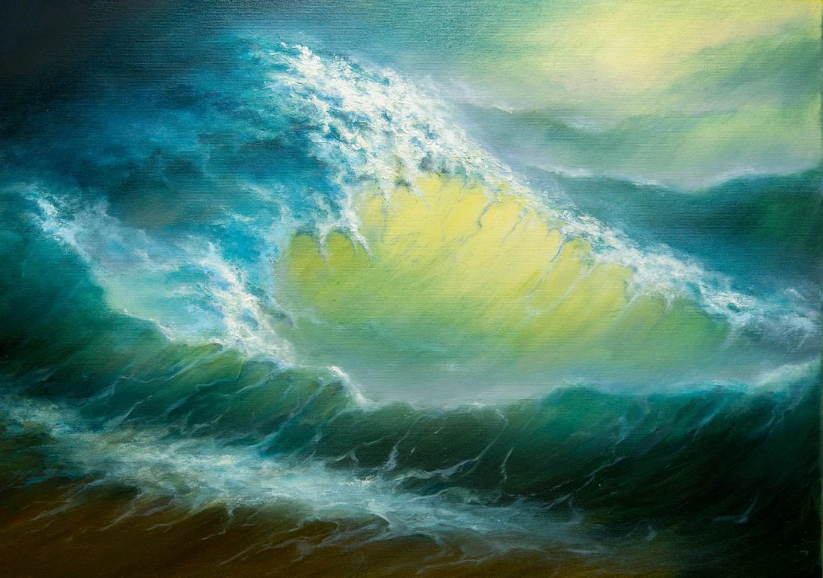 Landscape Oil Painting By Galyna Shevchencko, 28 X 20, The Wave, Original Artwork
