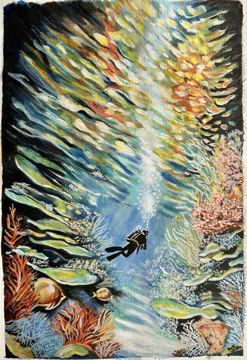 Impressionistic Landscape Painting By Misty Lady - M. Nierobisz, 13 X 19", A Scuba Diver And Coral Reef, Original Artwork