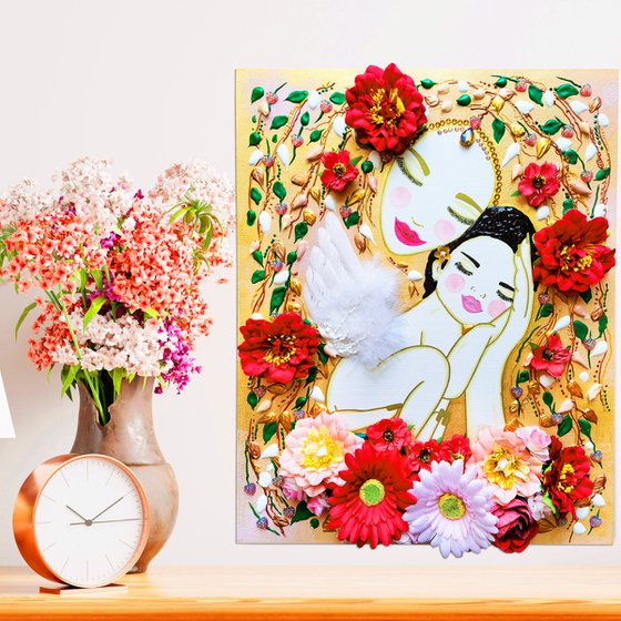 Love Mother Earth and angel baby girl. Summer floral woman with pink red gerbera flowers