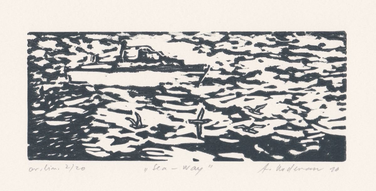 Sea-way, 2010, linocut print, 6.9 x 17 cm by Alenka Koderman