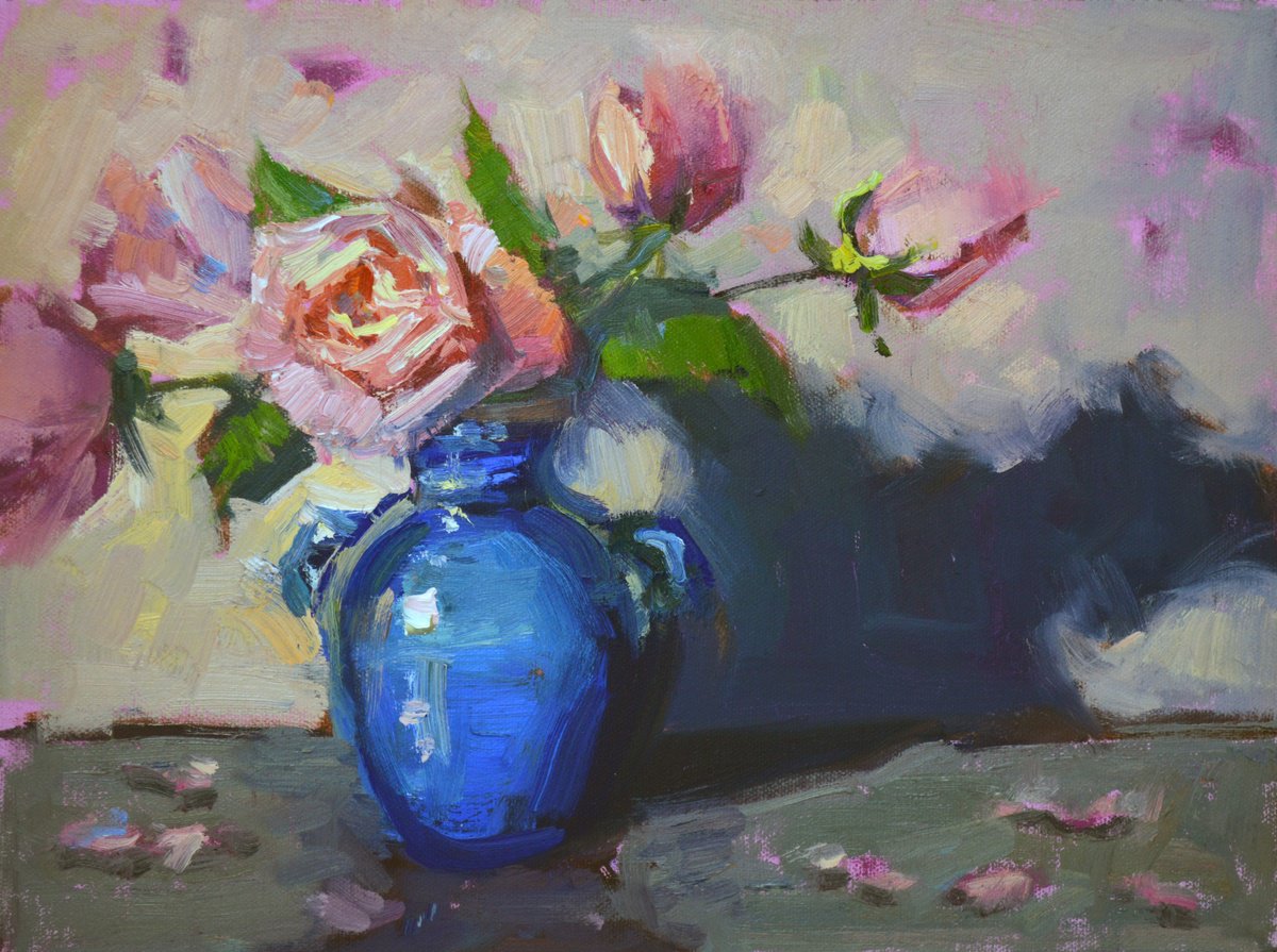 Impressionistic Botanical Oil Painting By Kristina Sellers, 12 X 9", Something Blue, Original Artwork