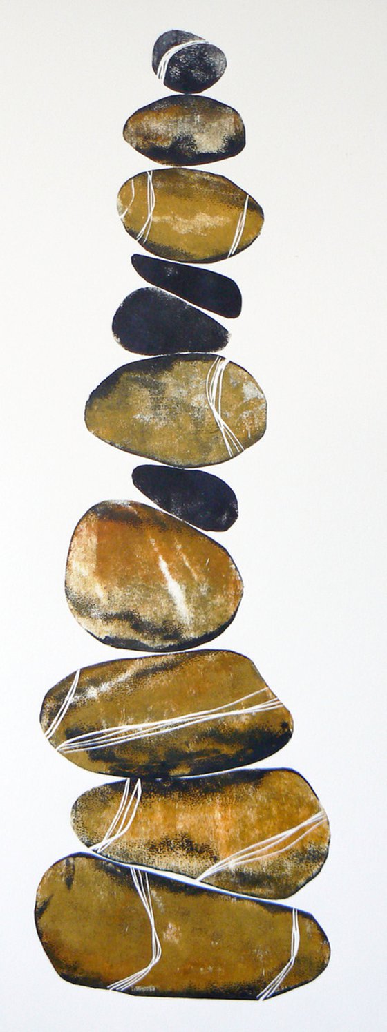 Zen stones - Eleven stones #6  (50 cm - banded balancing stones lino/monoprint)