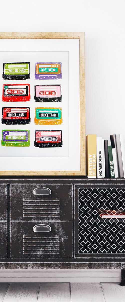 Linocut tapes #3 (cassette tapes, retro music, 70's, 80's rock culture) by Carolynne Coulson