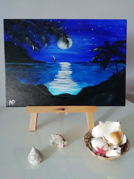 Dreams come true, sea, night, moon, seascape, original acrylic painting