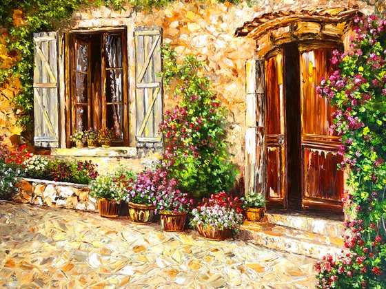 QUIET AFTERNOON - Old Town. Italy. Tuscany. Street. Paving stones. City Garden. Roses Bushes. Shutters. Old House.