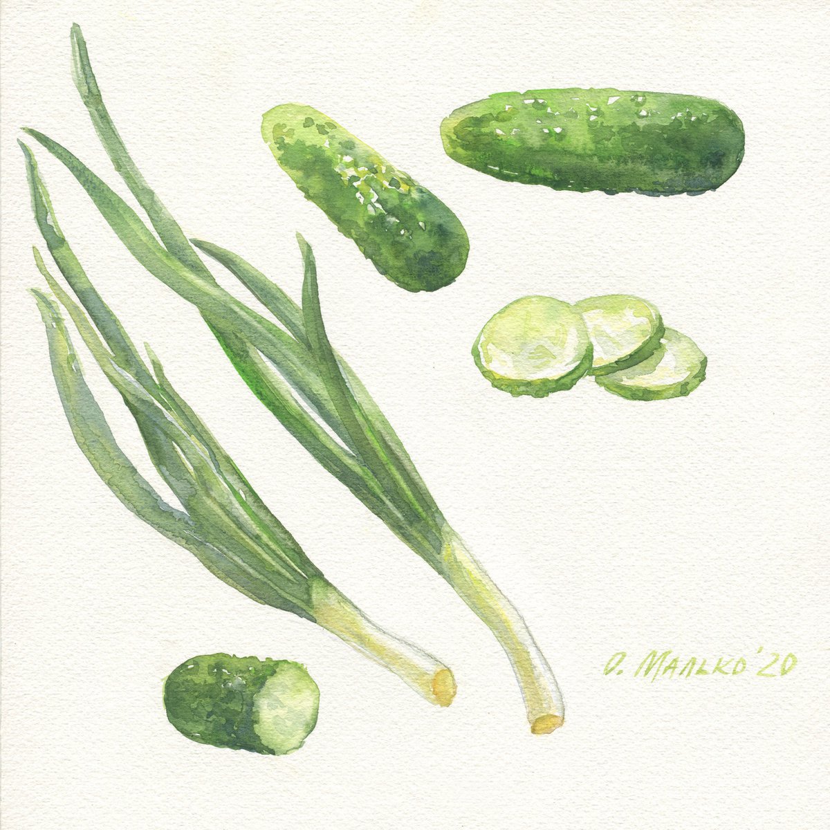 Veggies 1. Cucumbers and green onion / Original kitchen watercolor Vegetables on a white b... by Olha Malko
