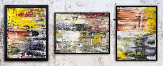 "The Usual Suspects" - FREE USA SHIPPING - Original PMS Abstract Triptych Acrylic Paintings On Canvas and Wood, Framed - 66" x 26"