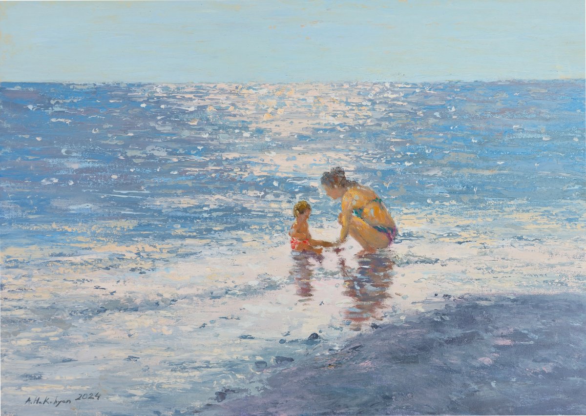 Impressionistic Landscape Oil Painting By Hrachya Hakobyan, 27 X 20, In The Waves Of The Sea, Original Artwork