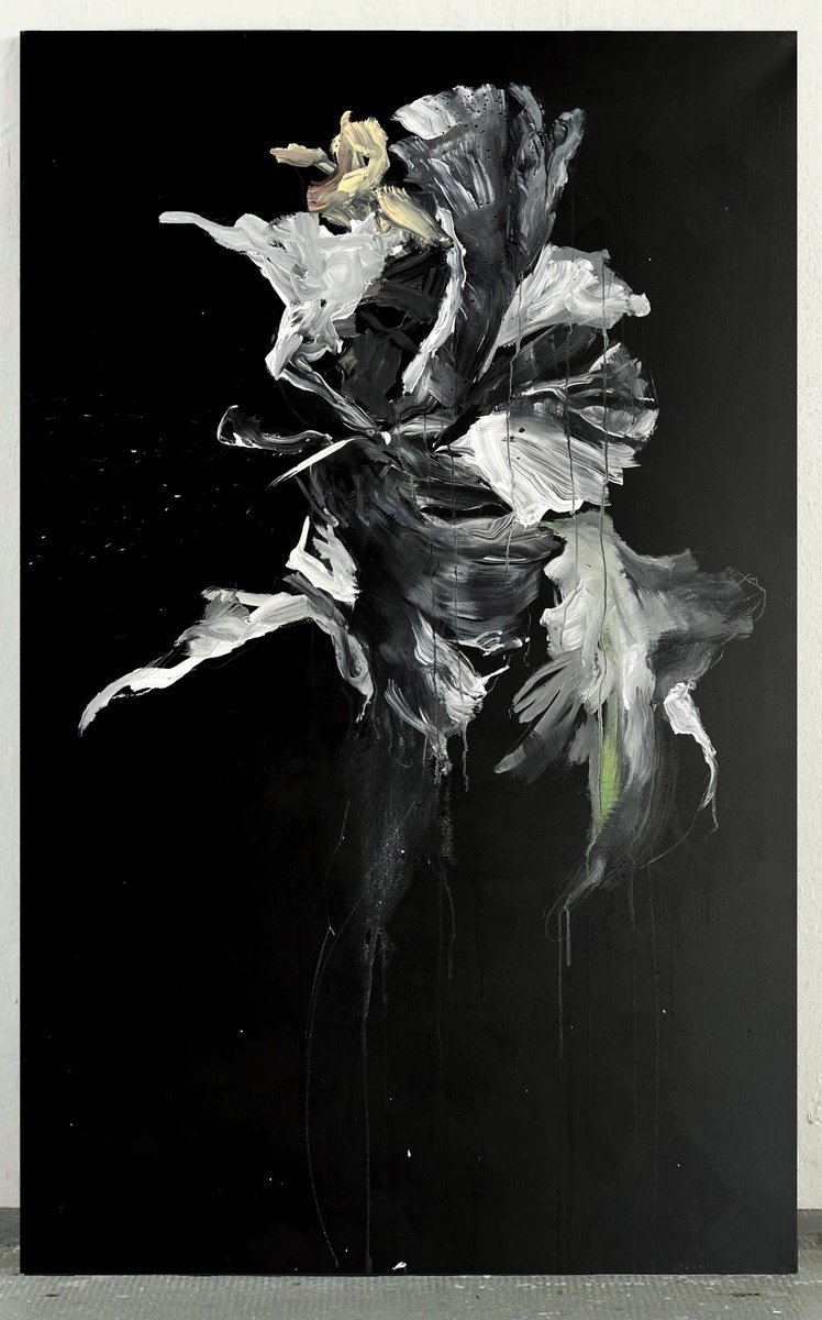 Abstract Landscape Acrylic Painting By Rosi Roys, 39 X 63", Black And White Flower 9, Original Artwork