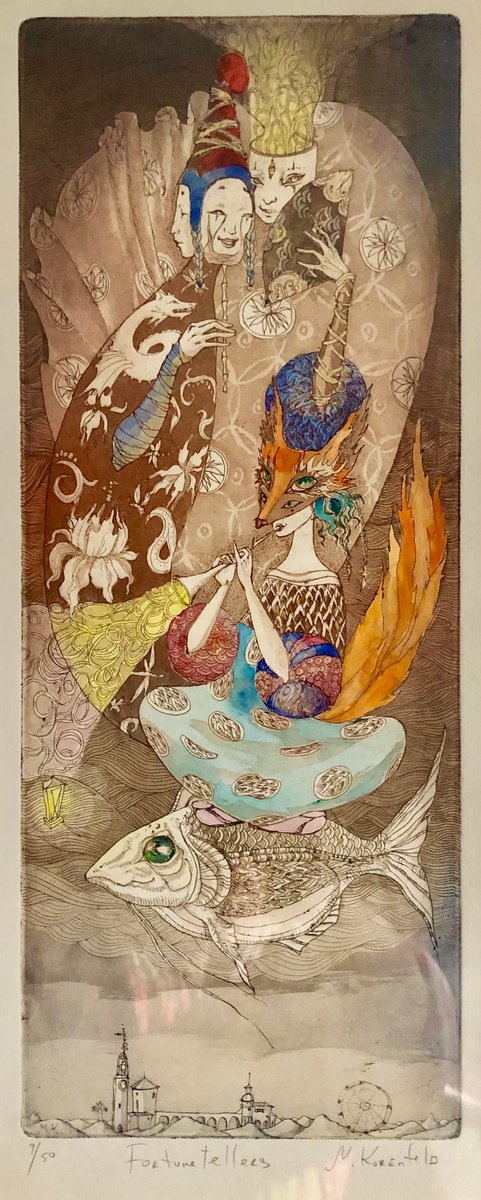 Surrealistic Portrait Etchings & Engravings By Marina Korenfeld, 9 X 20", Fortunetellers (Gold+Color), Original Artwork