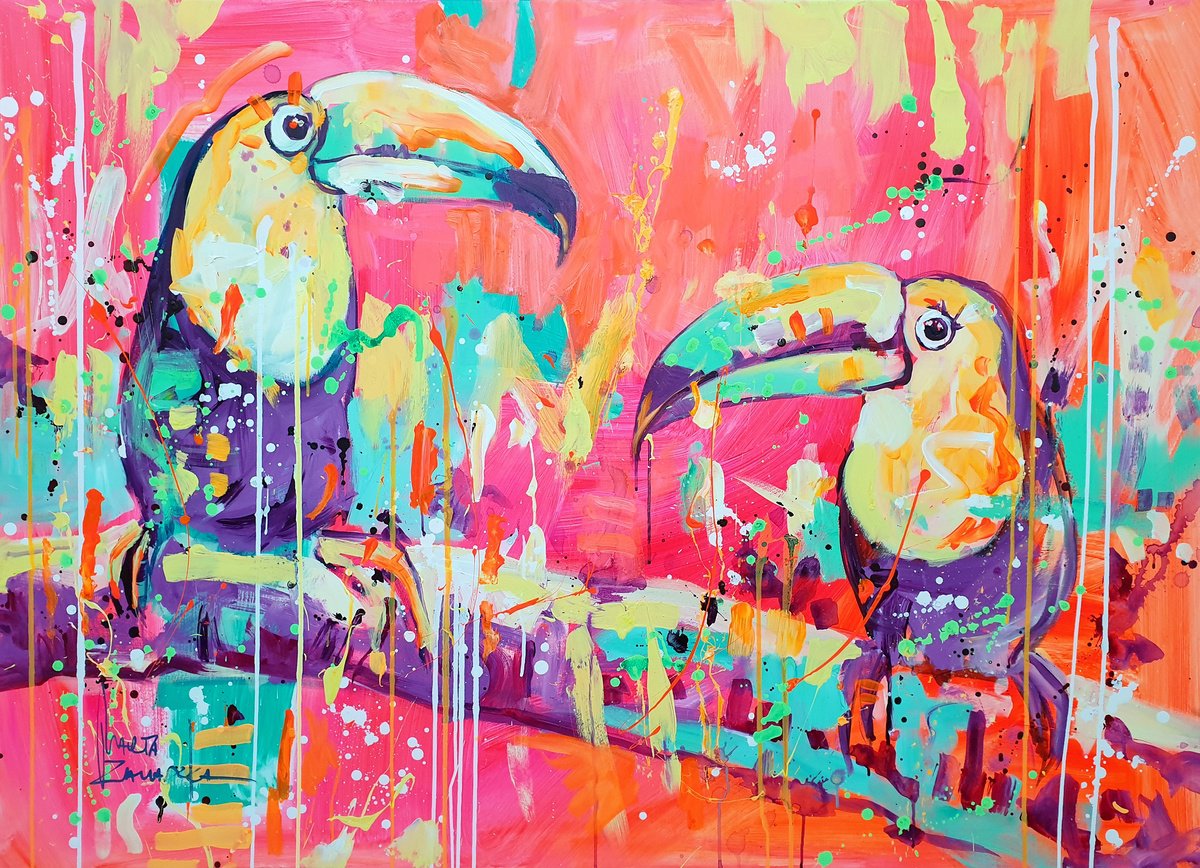 Impressionistic Animal Acrylic Painting By Marta Zawadzka, 55 X 39", Pink Happiness, Original Artwork