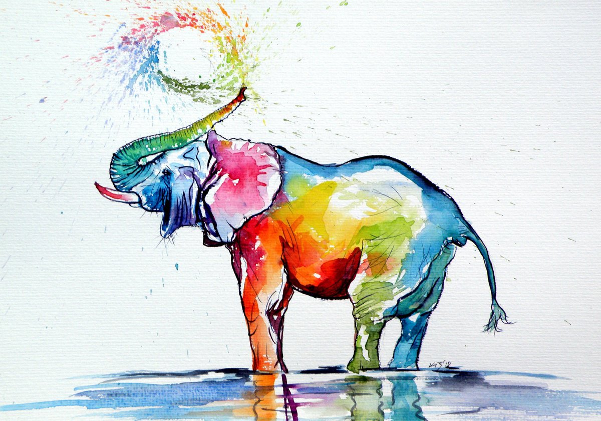 Expressive Animal Watercolour By Kovacs Anna Brigitta, 14 X 10", Colorful Elephant Playing, Original Artwork