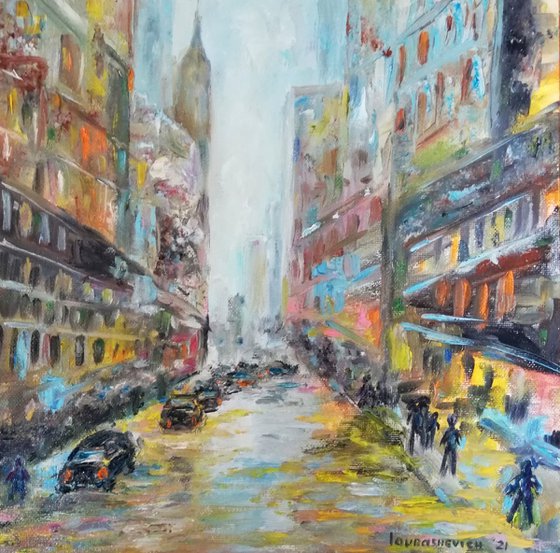 Rain in the city | London Urban Cityscape | Original Oil Artwork (2021) 12x12 in. (30x30 cm)