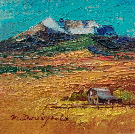 Barn oil painting original yellow field art canvas, Autumn Montana Landscape oil painting small art framed