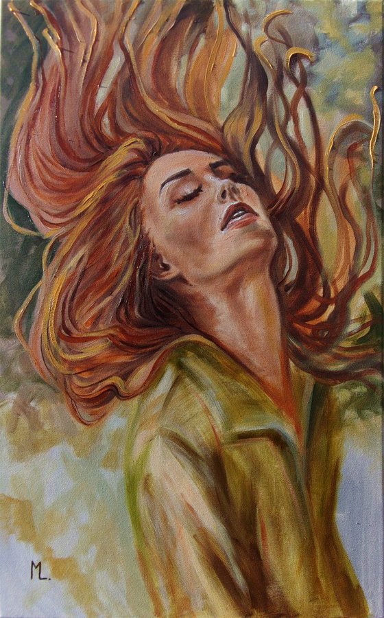 " AUTUMN WIND "-   RED HAIR ORIGINAL OIL PAINTING, GIFT,