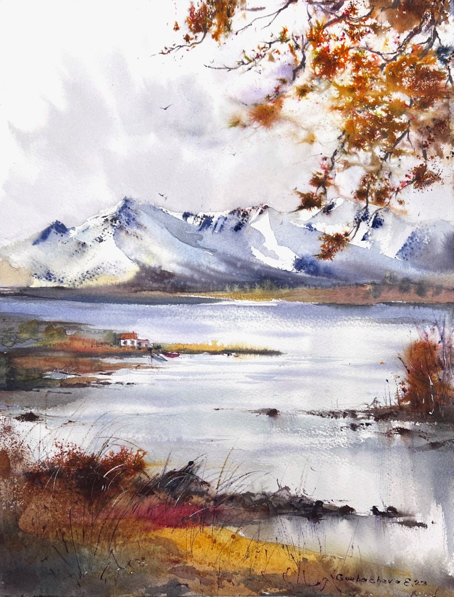 Impressionistic Landscape Watercolour By Eugenia Gorbacheva, 12 X 16, Mountain Lake #28, Original Artwork