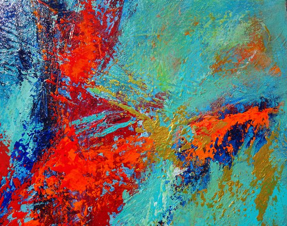 MOMENTS IN TIME II. Teal, Blue, Aqua, Navy, Red Contemporary Abstract Painting with Texture