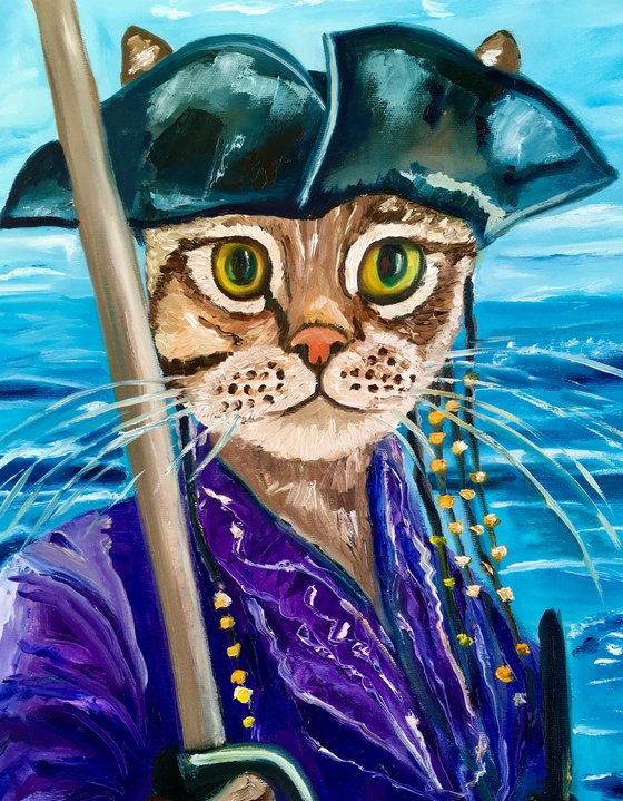 Troy The Cat Pirate of the Caribbean , Cat Pirate, original oil painting, portrait