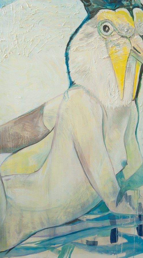 Bird woman in turquoise tones oil painting contemporary figurative portrait wall art by Olga Chertova