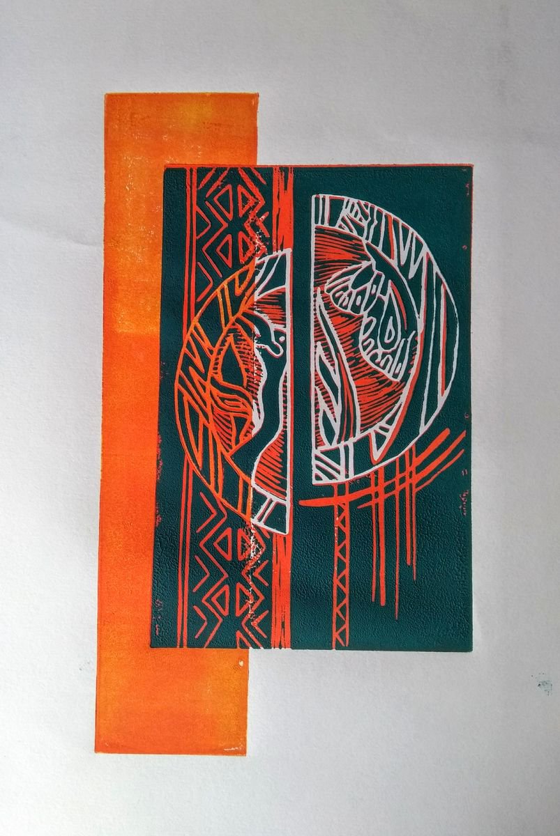 Circles no.5 linocut with bird (reduction print) in 2 colours by Anna Robertson