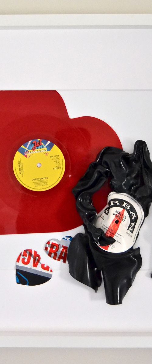 Wall Mounted White Box Framed Vinyl Music Record Sculpture with Red Love Heart by Seona Mason
