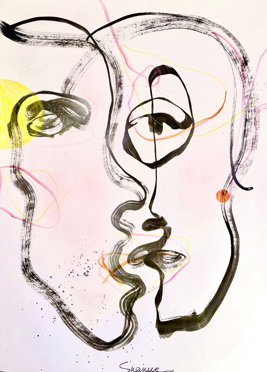 Expressive Portrait Drawing By Mari Skakun, 24 X 31", Linear Love, Original Artwork