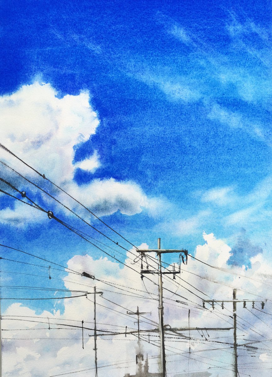 Power lines - clouds - urbanscape - cityscape by Olga Beliaeva Watercolour