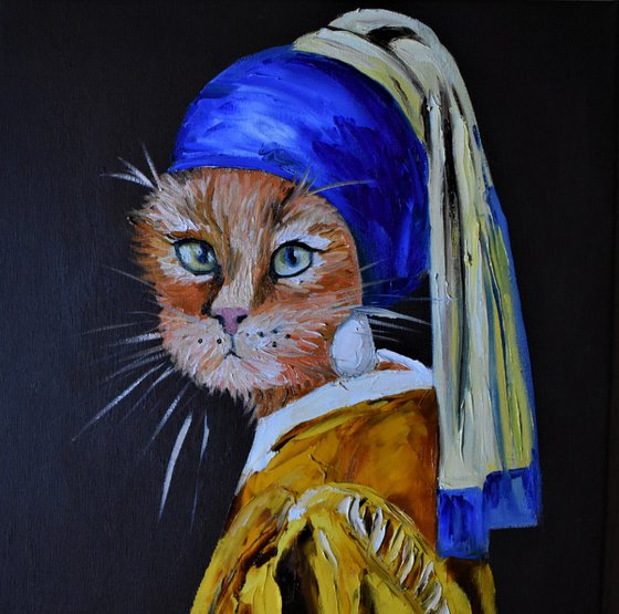 Cat with the pearl earring inspired by Vermeer painting feline art for cat lovers gift idea