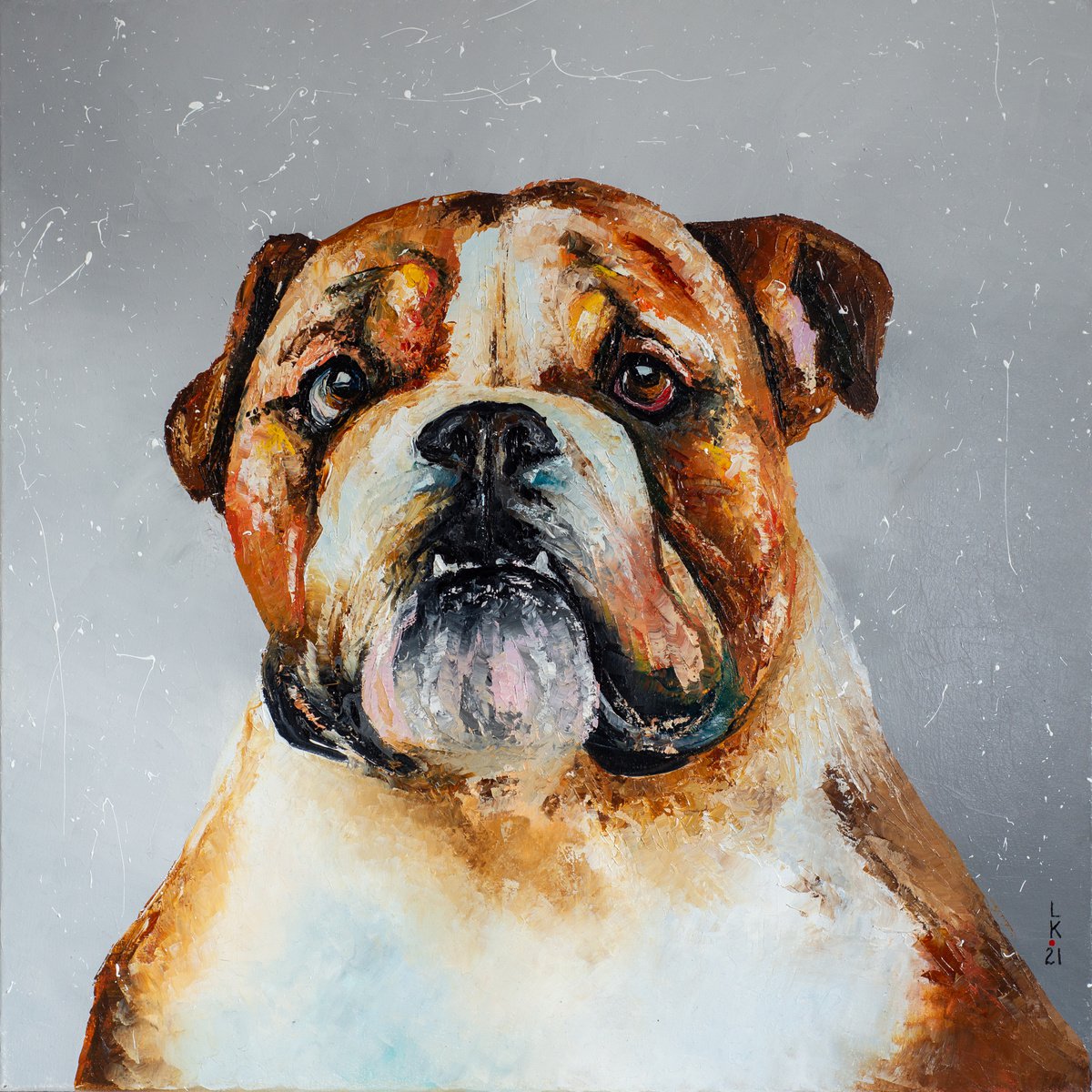 Impressionistic Animal Oil Painting By Liubov Kuptsova, 24 X 24", Hey Bulldog!, Original Artwork